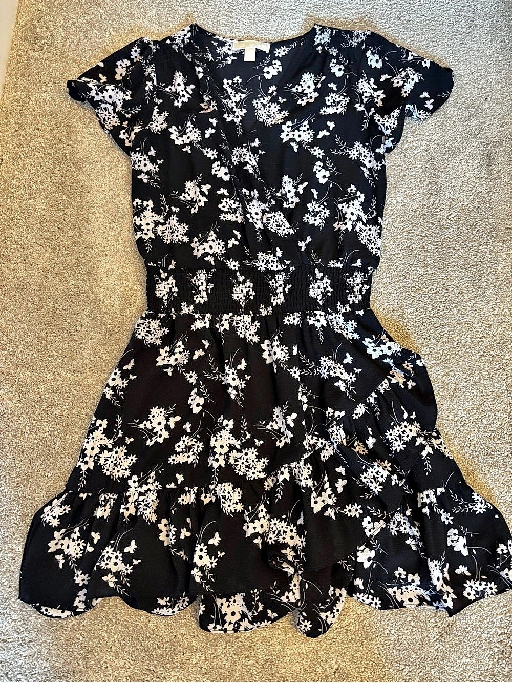Michael Kors Floral Print Smocked Mini Dress in Black & White
